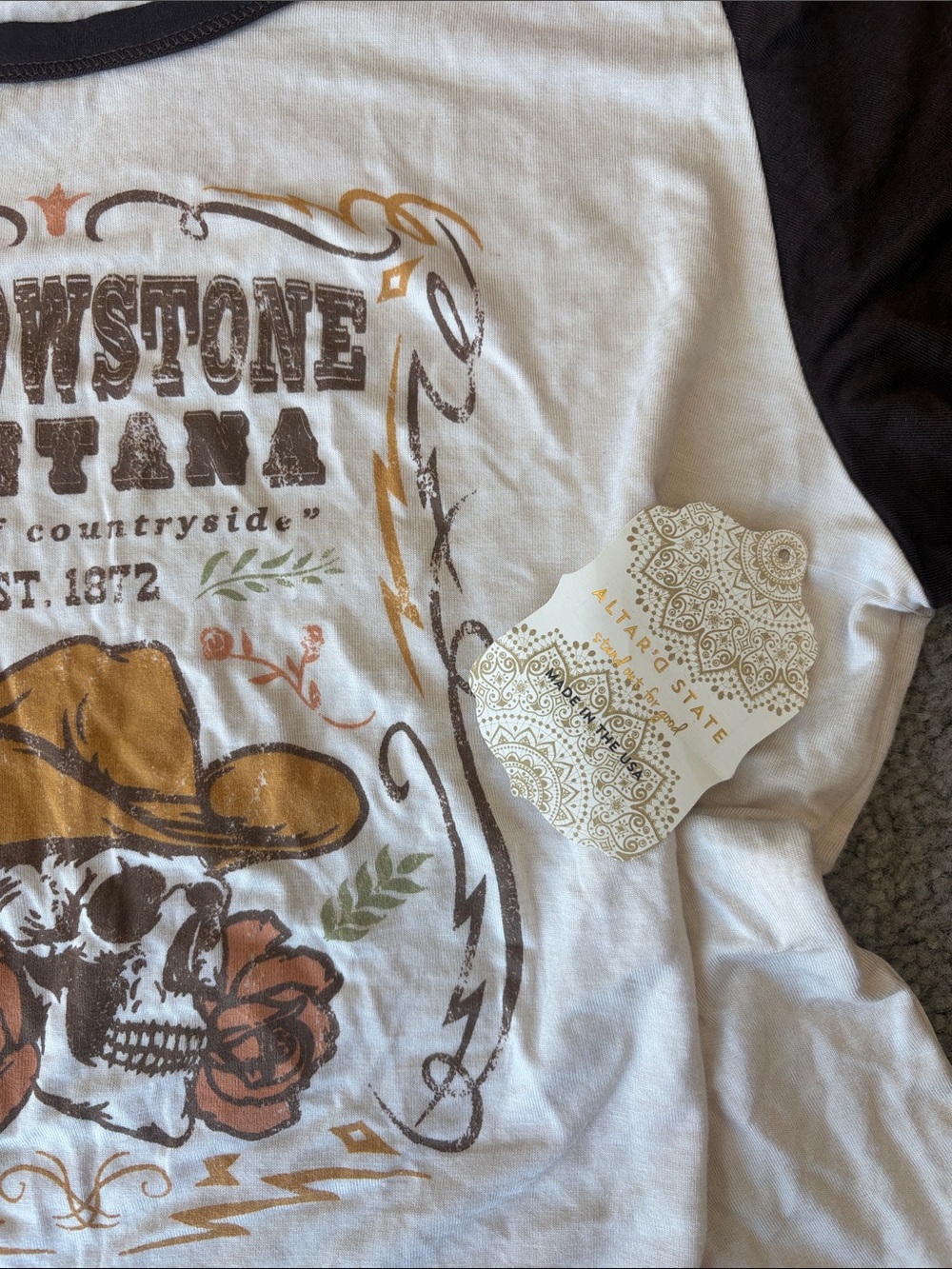 NWT Altar'd State Cream Tee with Brown Trim and Brown Graphic - Picture 3 of 7